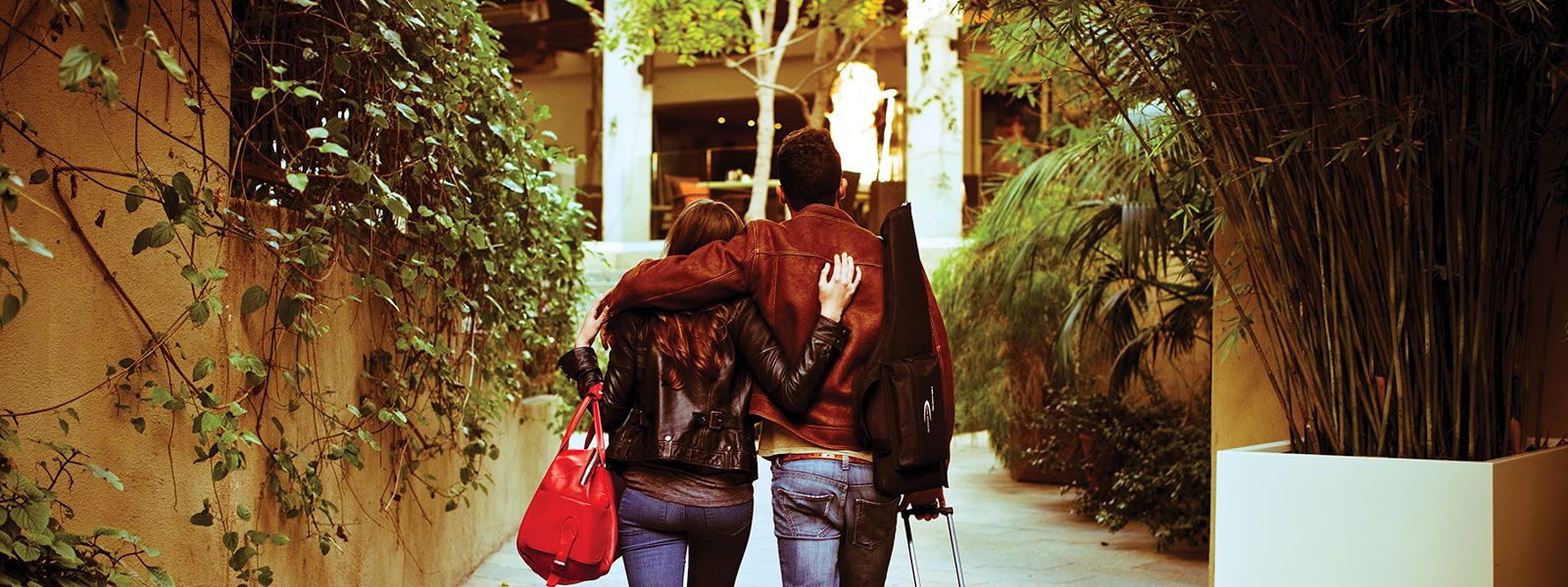 Couple walking through breezeway